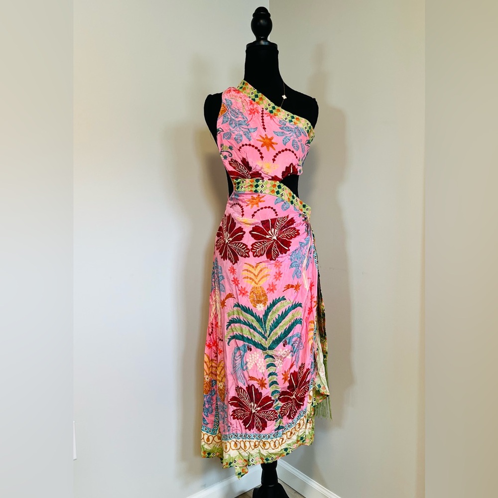 FARM Rio Fruits Queen Scarf Pink One Shoulder Sleeveless Midi Dress